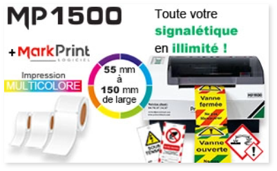 Image de la gamme MP1500 où l’on peut voir l’imprimante 
                signalétique multicolore MP1500 de PREVENTIMARK en train d’imprimer une étiquette de consignation TAG. En haut à gauche, le logo de la MP1500 et du logiciel de création d’étiquette MarkPrint, 
                ainsi que  trois consommables, une information écrite dans un cercle aux bordures colorées, concernant la capacité de taille d’impression de la MP1500 allant de 55 mm à 150 mm de large, des pictogrammes 
                CLP -SGH ainsi des exemples d’étiquettes TAG sont placés au premier plan, et la phrase suivante est inscrite : Toute votre signalétique en illimité ! Le tout sur fond blanc